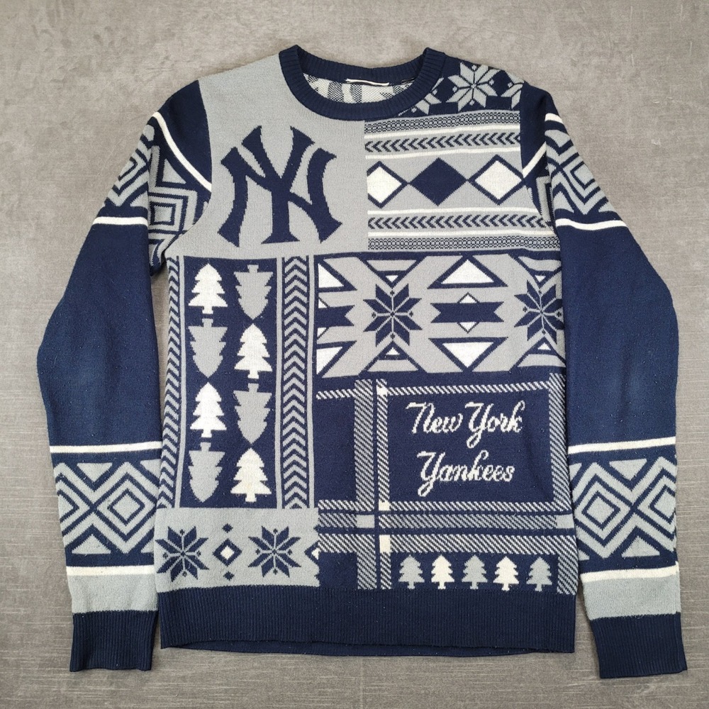 New York Yankees Mens Small Ugly Christmas Sweater Navy Blue Grey Patchwork